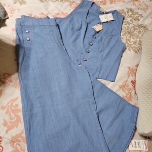 Two-Piece Light Blue Linen Set with Button Front Vest